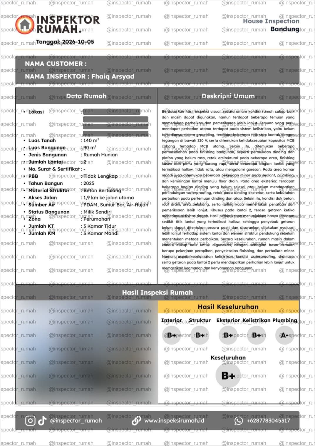Sampul laporan dengan profil rumah dan nilai hasil inspeksi keseluruhan — tampilan PC