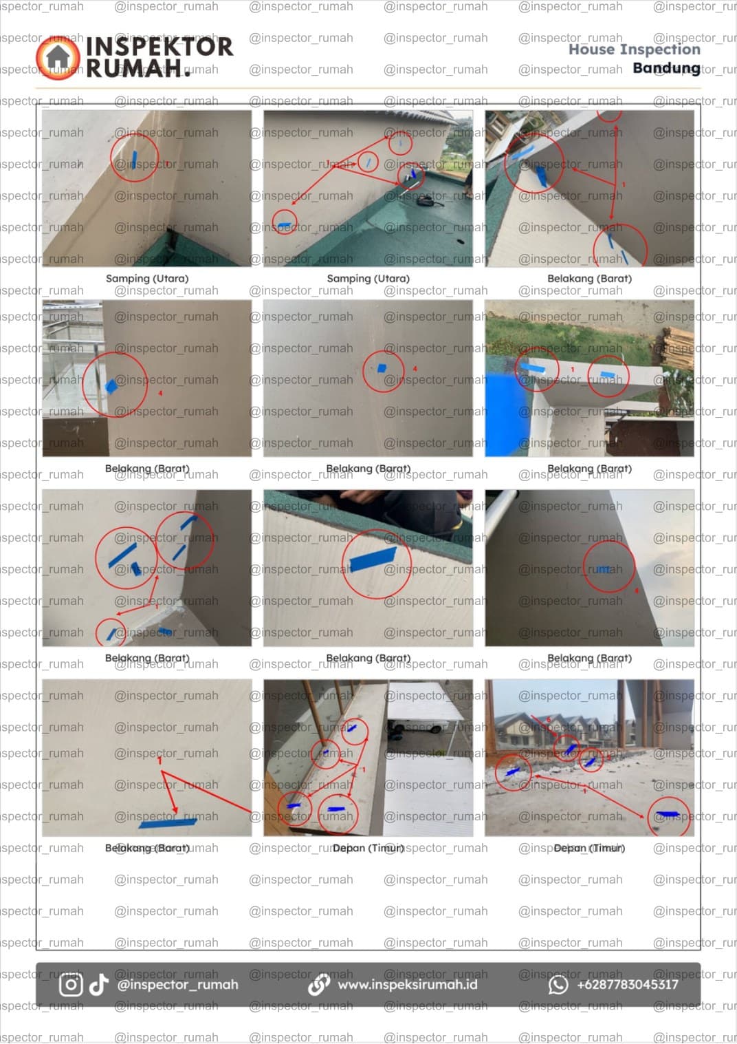 Foto area atap dan eksterior dengan anotasi lokasi temuan inspeksi — tampilan laptop